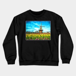 Windmill with Tulips Landscape Dutch Netherlands Scenic Print Crewneck Sweatshirt
